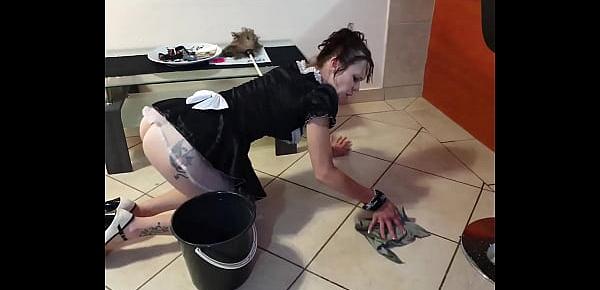  French maid gets piss in her face and cleans it